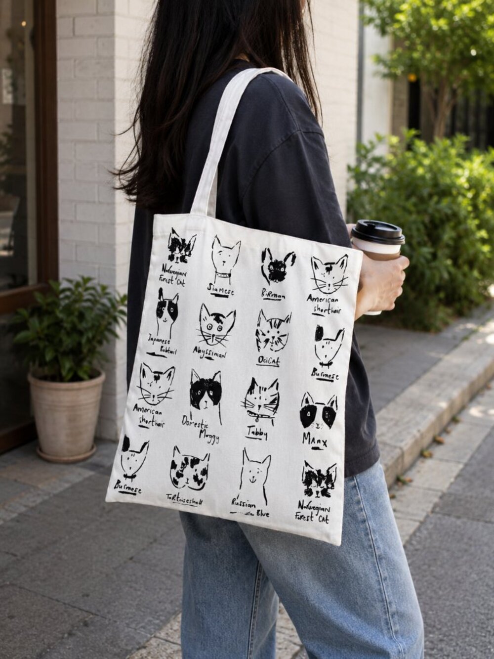 Canvas Cat Breeds Tote Bag Cotton Eco Shopping Book Bag Black White Cats Art
